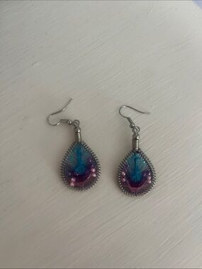 Handcrafted Teardrop Blue & Purple Thread Earrings